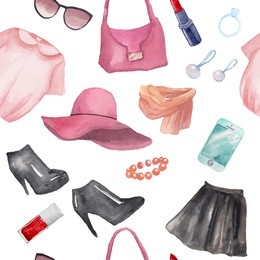 fashion objects seamless pattern. hand drawn watercolor clothing, cosmethics and accessories: leather skirt, blouse, hat, bracelet, earrings, scarf, bag, sunglasses, boots, lipstick.