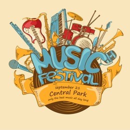 illustration with musical instruments and vinyl record. music festival concept. musical creative invitation