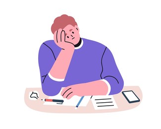 bored tired student sitting at desk. unmotivated lazy man with exhaustion, burnout, disinterest emotion. apathy and procrastination concept. flat vector illustration isolated on white background