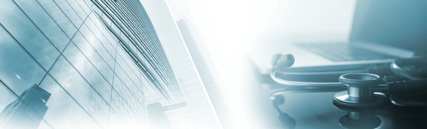 medical background. stethoscope and laptop computer with modern hospital buildings and copy space for text, medical business web banner, health service, medical online