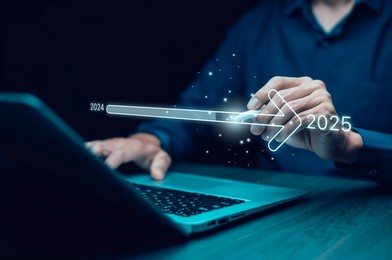 businessman touch growth data chart arrow with diagram 2025 budget, businessman pointing arrow graph corporate future growth year 2024 to 2025, development to success and motivation.