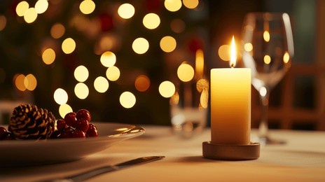 soy candle in a minimalist holder, setting a warm holiday mood at dinner. soft candlelight from a minimalist soy candle adds warmth to holiday table decor.