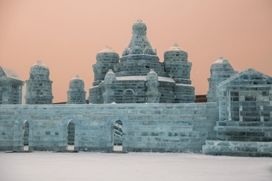 january 1, 2022, harbin, china. ice building. harbin international ice and snow festival. located in china harbin ice and snow world, harbin, heilongjiang, china.
