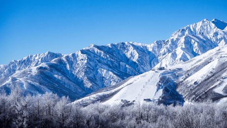 snow-capped northern alps shining against a clear blue sky, hakuba village, nagano prefecture