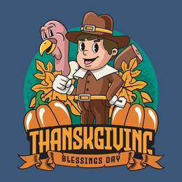thanksgiving day turkey, pumpkin, autumn leaves and boy pilgrim in vintage retro cartoon mascot illustration for sticker, badge, patch, banner, greeting card, invitation