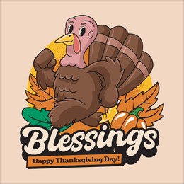 thanksgiving day blessing turkey, pumpkin, autumn leaves in vintage retro cartoon mascot illustration for sticker, badge, patch, banner, greeting card, invitation