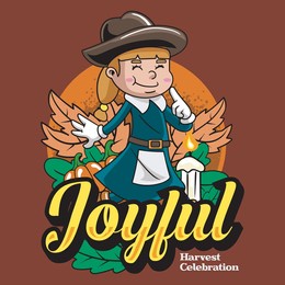 joyful thanksgiving day pumpkin, autumn leaves and girl pilgrim in vintage retro cartoon mascot illustration for sticker, badge, patch, banner, greeting card, invitation