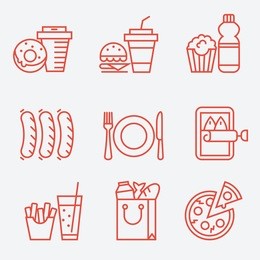 food icons, thin line style, flat design