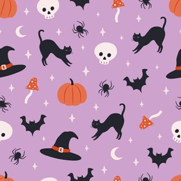 halloween seamless pattern. cute background for halloween party fabric or kids stuff. pumpkin, scull, mushroom, black cat, spider, moon, witch hat etc in cartoon flat style. vector illustration
