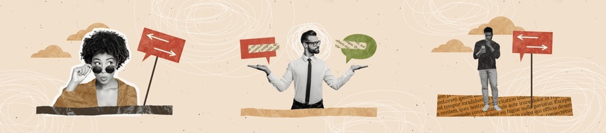 horizontal abstract graphics collage image of doubtful workers looking for write career direction isolated beige color background