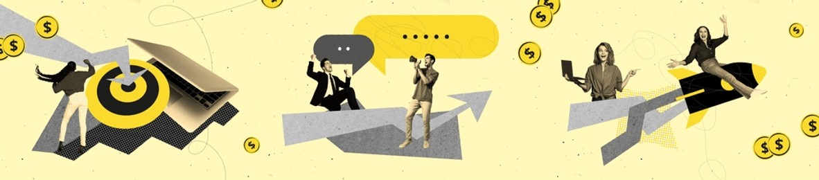 composite collage picture image of funny temawork entrepreneur people working together earn money panorama bizarre fantasy billboard comics