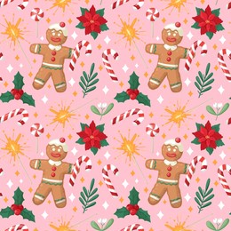 seamless christmas pattern with gingerbread man, sweets, botany on a pink background. hand drawn cartoone style. perfect for fabric, scrapbooking, banner, card, wrapping paper, textile, wallpaper.