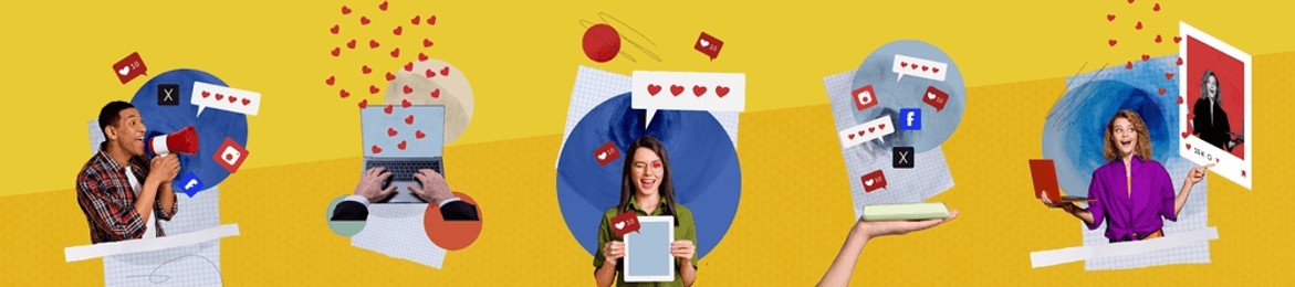 composite panoramic collage of girls man popular blogger concept social network post heart notification isolated on painted background