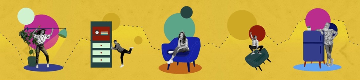 composite panoramic collage of business girl guy organization office collaboration armchair shelf plant lamp isolated on painted background