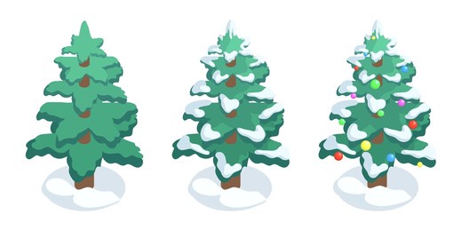 isometric christmas trees. snowy and decorated xmas green fir trees 3d vector illustration set. winter holidays fir trees collection