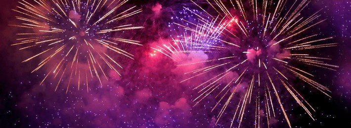 banner purple firework celebrate anniversary happy new year 2024, 4th of july holiday festival. banner purple firework night time national holiday. violet firework new year 2025 festival copy space