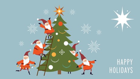 christmas card, seasons greetings , cute funny christmas gnomes  decorating  christmas tree, happy holidays card, horizontal banner