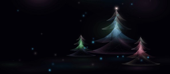 abstract geometric christmas trees with glowing lights on a dark background, minimalist and modern holiday design