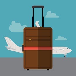 vector modern flat design web banner background on hand cabin size luggage suitcase standing with regular airline jet plane standing on blue sky with clouds background