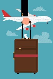 vector cool flat design web banner or printable on business trip and travel with jet airliner flying, abstract businessman's hand holding cabin size luggage, and clouds | business class airline trip
