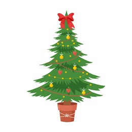 vector illustration of christmas tree in a pot with big red bow, decorative garlands and toys isolated on white background,