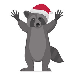 happy raccoon wearing a santa hat and celebrating with arms raised, christmas and pets concept