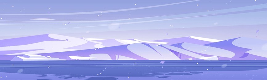 arctic winter landscape. vector cartoon illustration of cold nordic sea or lake water with ice, snow flying in frosty air, piles of floe and glacier on hills, dull blue sky, north pole background