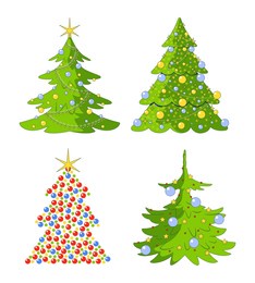 baubles christmas trees with stars sparkling 2d cartoon objects set. pine evergreen coniferous. christmastree isolated elements flat vector cliparts on white background. spot illustrations collection