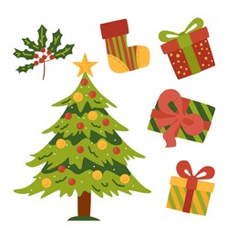 merry christmas and happy new year vector. christmas tree, gifts. vector, flat style.