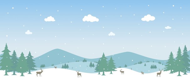 christmas background, winter forest landscape. for greeting cards, new year banner with fir trees in the snow, snowy forest and reindeer.