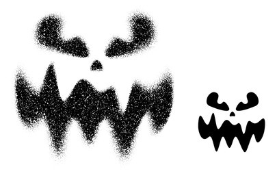 a fierce pumpkin face design with sharp features, created in both scattered dots and solid black. vector illustration.
