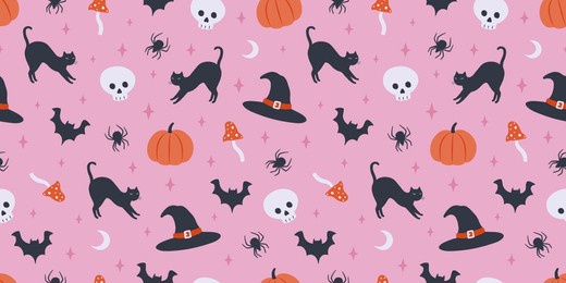 halloween seamless pattern. cute background for halloween party fabric or kids stuff. pumpkin, scull, mushroom, black cat, spider, moon, witch hat etc in cartoon flat style. vector illustration