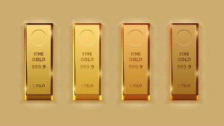 top view of fine gold ingots: 999.9 pure gold bars with shadow effects and various weights. vector.
