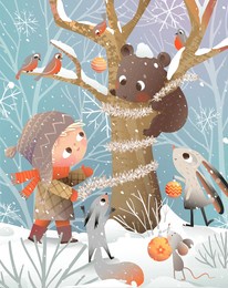 winter forest christmas scenery with animals and a child decorating a tree. bear on tree rabbits and squirrels in winter woods fairy tale. seasonal greeting card design for kids. vector illustration.