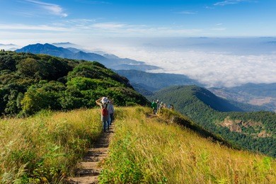fog over the mountain and tourist, doi inthanon national park the highest mountain in thailand