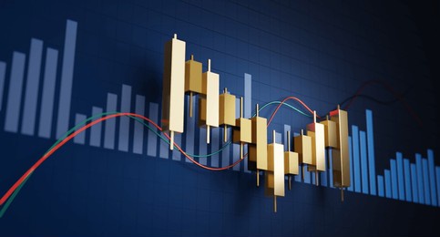 financial analysis and trading success as golden candlestick shines against captivating blue dark background, guiding you towards profitable ventures. 3d render illustration.