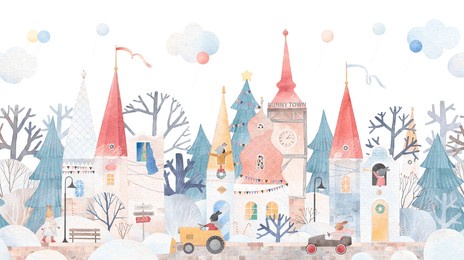 winter city. fairy-tale houses in the winter forest. city of bunnies. watercolor illustration for a children's room. winter postcard. seamless pattern. 