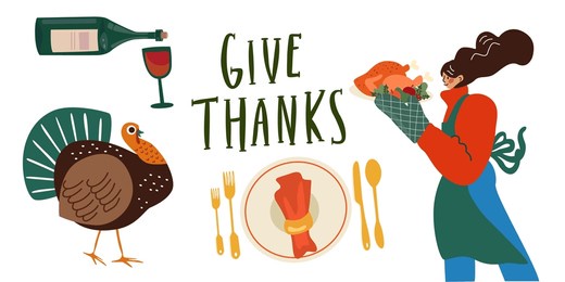 happy thanksgiving day. give thanks. vector cartoon flat girl character in a kitchen apron holding roast turkey. vector illustration of cartoon turkey, wine, pumpkin pie. icon set for greeting card