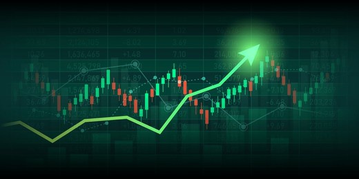 financial chart with moving up arrow graph in stock market on green color background