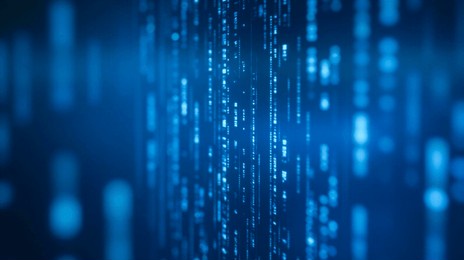 abstract technology background with glowing binary code, digital data stream visualization, futuristic cyberspace concept, blue illuminated circles on dark backdrop, computer network theme