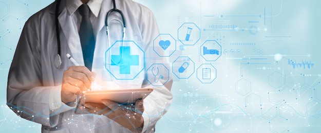 doctor using tablet surrounded by futuristic medical icons, symbolizing digital healthcare innovation. great for medical tech, telemedicine, and healthcare analytics.