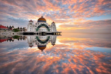 sunrise reflections at straits mosque, malacca. nature composition