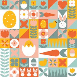 easter background, bauhaus, modern, abstract, geometrical, pattern, spring, holiday, rabbit, chicken, egg, carrot, flower, religious, texture, print, flat style, vector illustration. 