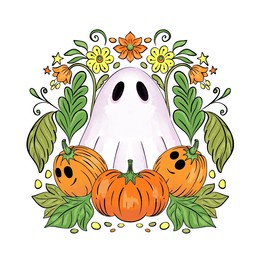 cute ghost illustration clipart with pumpkins and surrounded by flowers