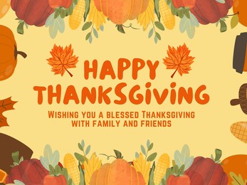 happy thanksgiving poster in orange font and light yellow background with pumpkins and maple leaves, vector illustration, happy thanksgiving background.