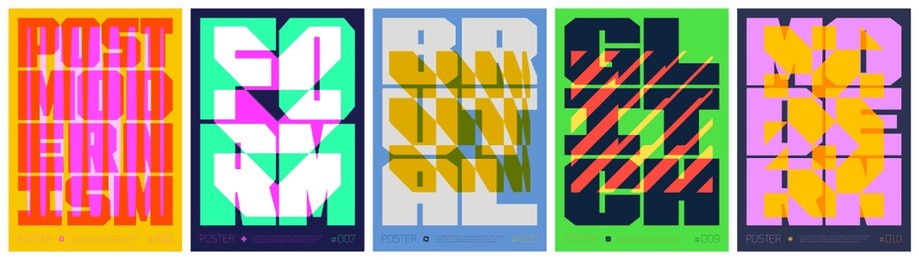 lettering composition colorful trendy poster, abstract geometric acid graphic in y2k aesthetics, vector simple shapes rave print artwork modernism and minimalistic brutal style a4 format set 2