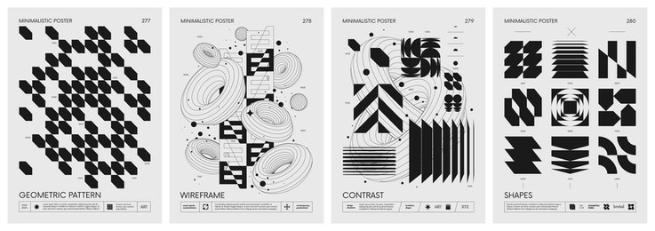 brutalist style vector minimalistic posters with silhouette basic figures, retro futuristic graphic elements of geometrical shapes rave composition, modern monochrome print artwork, set 70