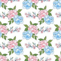 beautiful flowers seamless pattern. with blue and pink color tone. design for wrapping paper, wallpaper, background, fabric, carpet, decorative, textile, printing.