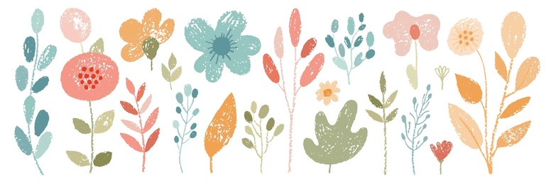 flower kid crayon pencil vector. childish spring floral background. child color crayon chalk hand drawn with plant grass, spring flower. pastel kid draw illustration. cute floral simple doodle art bg