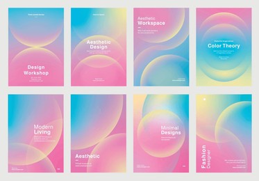 template set of vibrant design templates for workshops, showcasing aesthetic design, color theory, and modern living. set of poster templates in pink gradient design. poster template vector set.